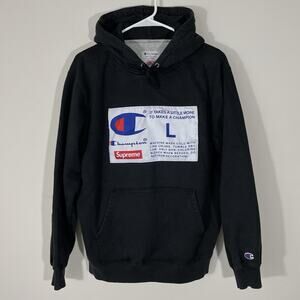 Supreme X Champion Box Logo Label Black Hooded Sweatshirt Hoodie Size Large